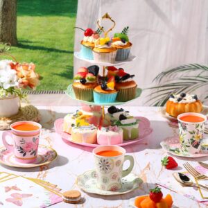 Layhit 83 Pcs Tea Party Decorations Include Disposable 12 Sets 9 Oz Paper Tea Cups with Handle and Saucers Floral Napkins 3 Tire Cake Stand Tea Serving Platter Tableware for Girl's Birthday