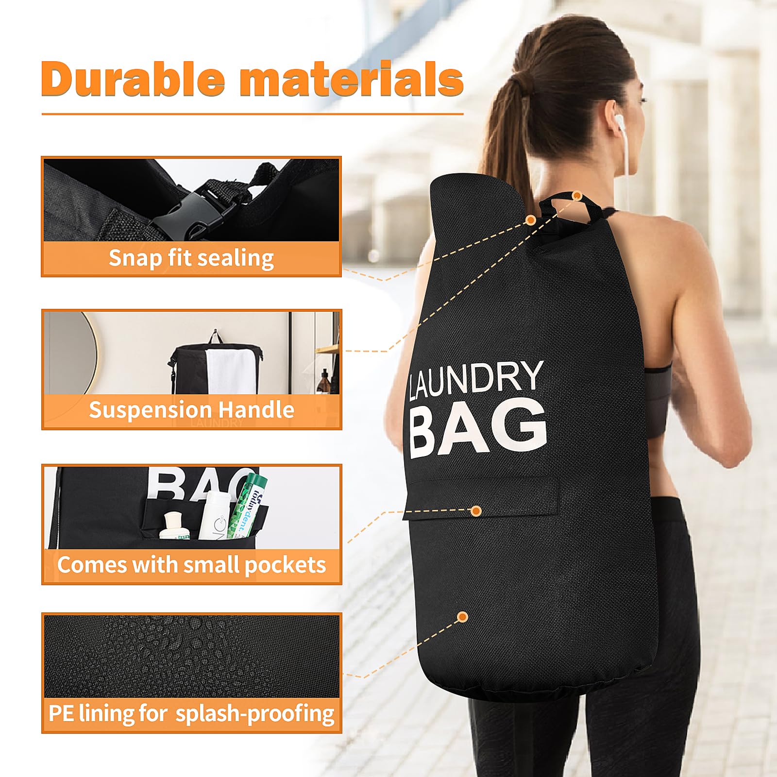 Wooha Backpack Laundry Bag,71L Shoulder Laundry Bag With safety clips，Convenient Foldable Laundry Bag For colleges, camping, laundromats, apartments(Black)