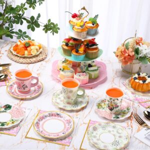 Layhit 83 Pcs Tea Party Decorations Include Disposable 12 Sets 9 Oz Paper Tea Cups with Handle and Saucers Floral Napkins 3 Tire Cake Stand Tea Serving Platter Tableware for Girl's Birthday