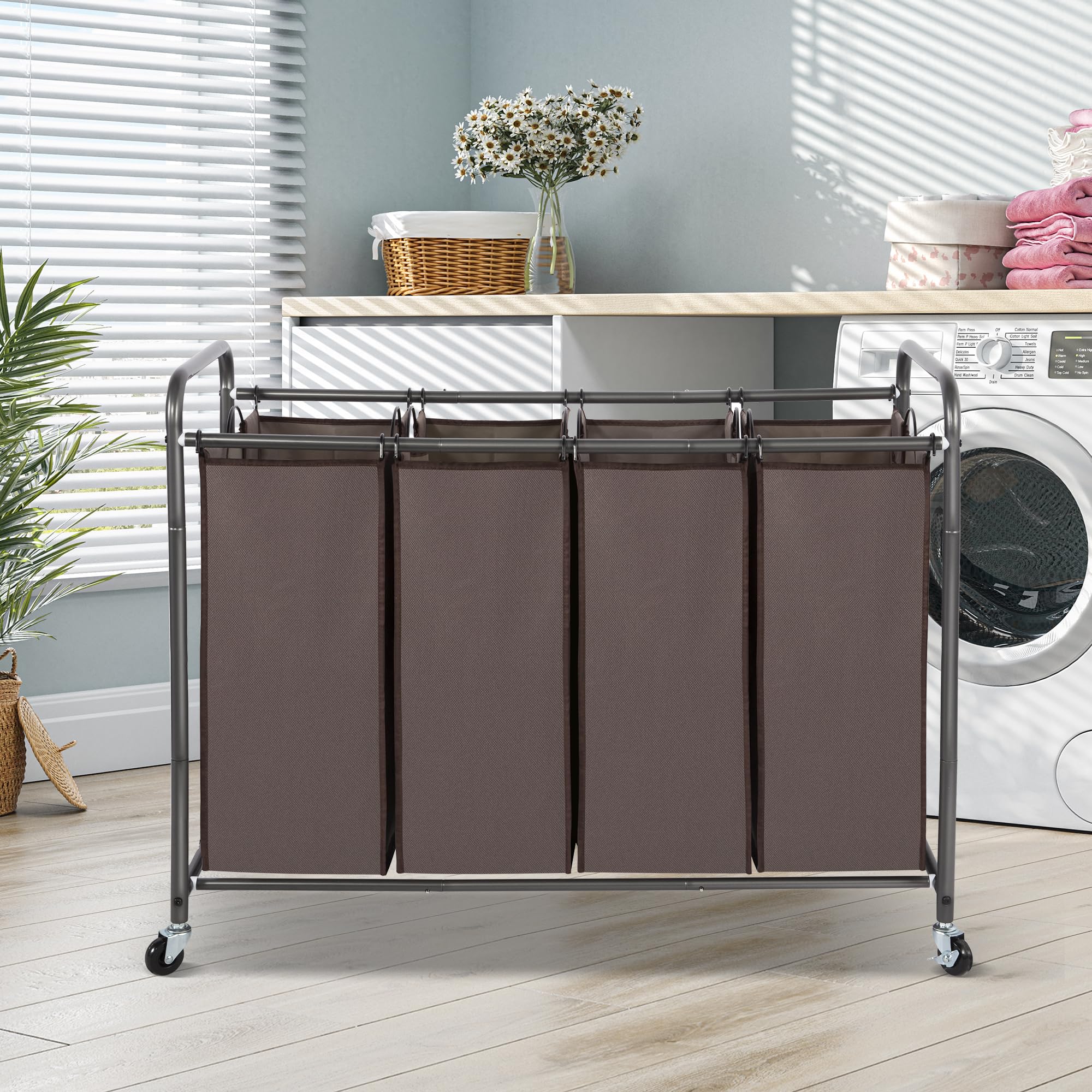 STORAGEIDEAS Laundry Sorter 4 Section, 4-Bag Heavy Duty Rolling Laundry Hamper Cart, Laundry Basket Organizer With Wheels and Removable Bags, Laundry Room Organization For Dirty Clothes Storage, BROWN