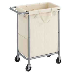 songmics laundry basket with wheels, 2-section rolling laundry hamper, 37 gallons (140l), removable liner, steel frame with handle, blanket storage, 27.2 x 15.4 x 31.9 inches, cream white urls004w01