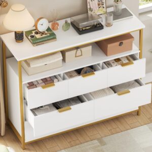 FACBOTALL Modern 7 Drawer Dresser, White Dresser with Metal Handles, White and Gold Dresser, Tall Dresser Chest of Drawers, Large Capacity Chest Storage Organizer for Living Room, Entryway, White.