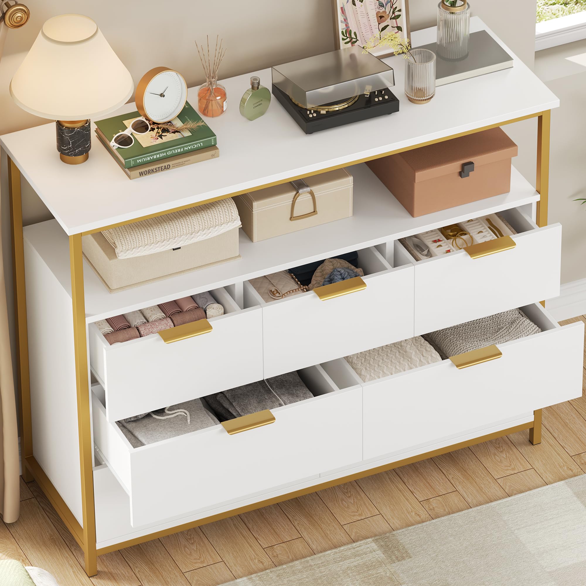 FACBOTALL Modern 7 Drawer Dresser, White Dresser with Metal Handles, White and Gold Dresser, Tall Dresser Chest of Drawers, Large Capacity Chest Storage Organizer for Living Room, Entryway, White.