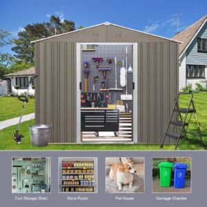 10x8FT Outdoor Metal Storage Shed with Floor Frame, UV Resistant Waterproofs Steel Garden Shed, Tool Storage Shed with Sloping Roof and Lockable Door for Backyard, Patio and Lawn (Grey)