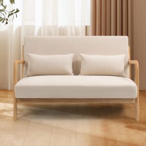 Zacis Loveseat Sofa 2 Seater Linen Fabric Love Seat Couch Modern Solid Wood Frame Sofa with 2 Waist Cushions for Small Space Office Living Room Bedroom, Beige