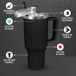 Crave Cups 40oz Tumbler with Lid and Straw l Reusable Spill Proof Double Wall Insulated Stainless Steel Water Bottle Travel Mug l Cupholder Friendly Vacuum Sealed Tumbler with Handle (Obsidian)