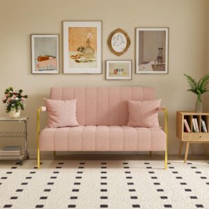 Mbolyeer Modern Bouclé Loveseat Sofa: 60" Mid Century 2 Seater Teddy Velvet Couch- Comfy Upholstered Sofa Couch with 2 Pillows - Gold Metal Legs - Small Spaces Apartment Office Bedroom (Pink)