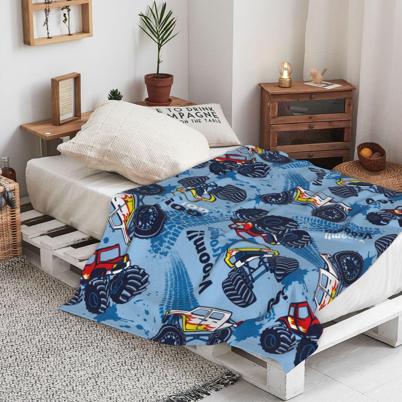 Monster Cartoon Pattern Trucks Car Throw Blanket Soft Bed Bedding Warm Cozy Plush Flannel Fleece Blankets Gifts for Kids Boys Teens Men, Sofa Couch Bedroom Home Decor, 60"x50"