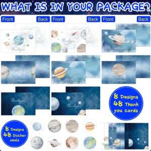 Geyoga 48 Pcs Space Thank You Cards with 48 Envelopes 48 Stickers First Trip Around the Sun Blank Cards Galaxy Planet Greeting Card Stars Moon Gratitude Cards for Baby Shower Birthday Christmas Gift