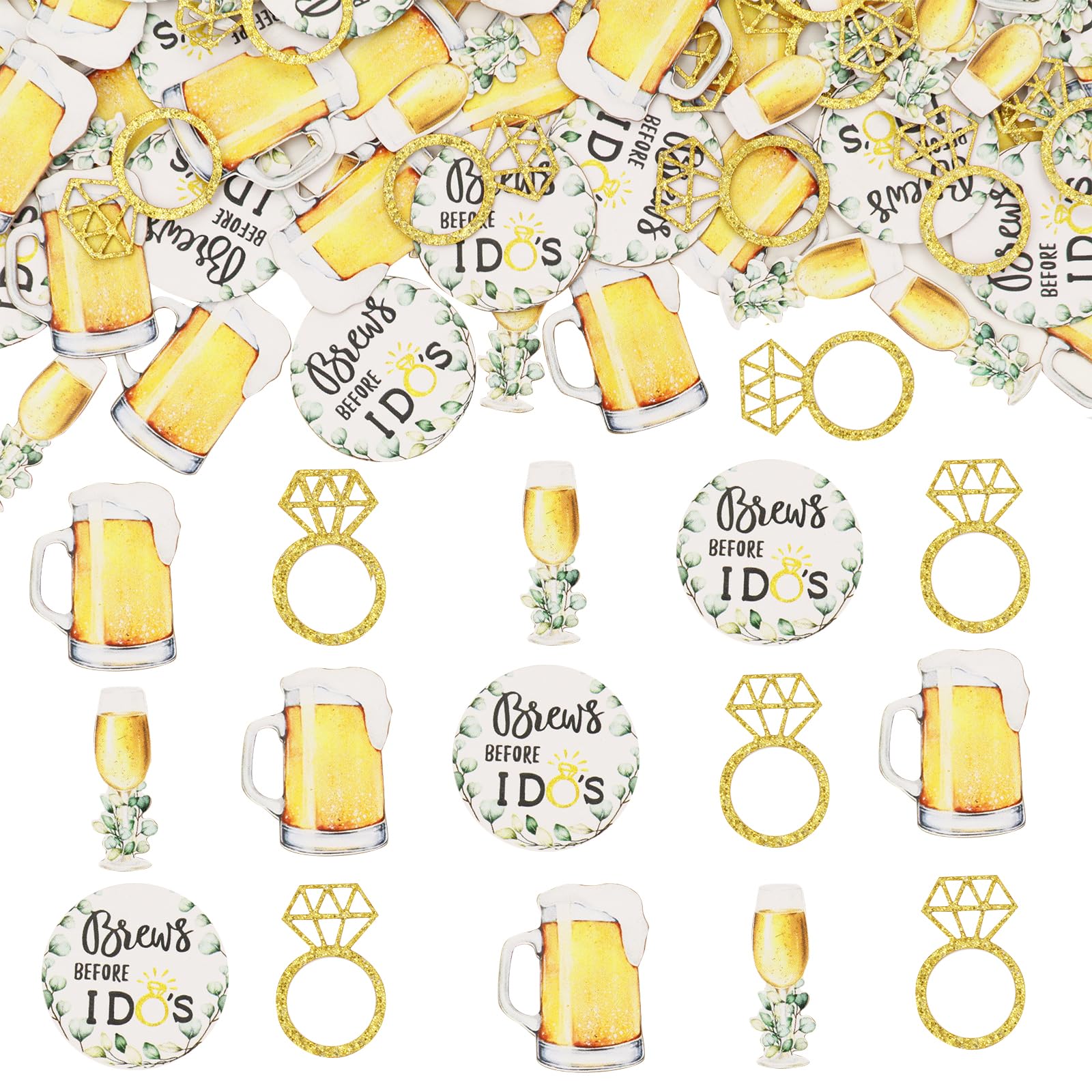 200 Pieces Brews Before I Dos Confetti, Bubbles and Brews Bridal Shower Decorations with Gold Glitter Diamond Ring Confetti, Bubbly Bachelorette Engagement Party Supplies