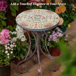 Frstem Mosaic Patio Table and Plant Stand, Outdoor Side Table for Patio with 14" Ceramic Tile Top, Weather Resistant Metal Round End Table Accent Table for Yard Porch Balcony Garden Bedside, Blossom