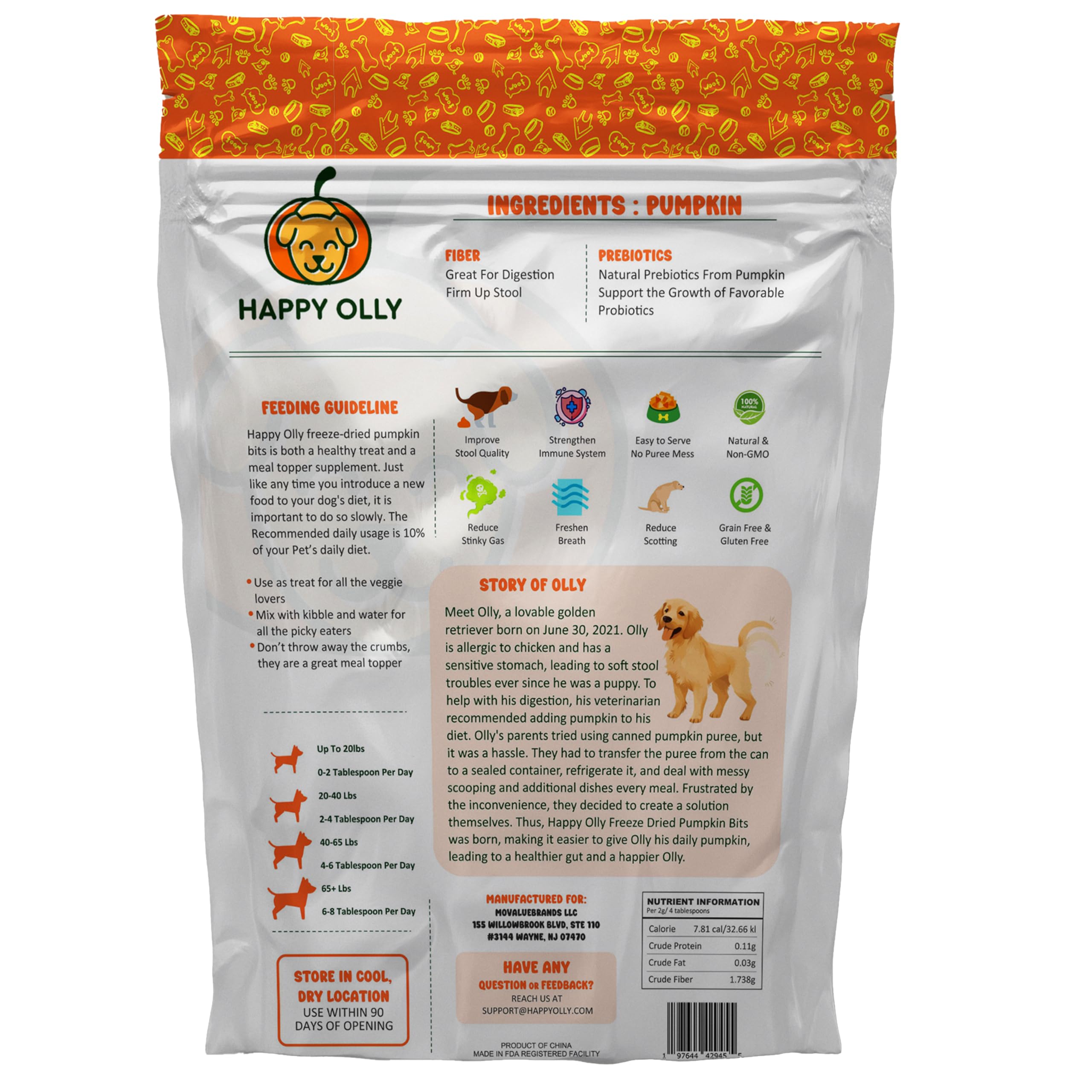 Happy Olly Pumpkin Treats for Dogs Digestion 2oz - Freeze Dried Pumpkin Treats/Topper, Reduce Dog Diarrhea and Scotting - Natural Single Ingredient Pure Pumpkin for Dogs - Prebiotics & Fiber