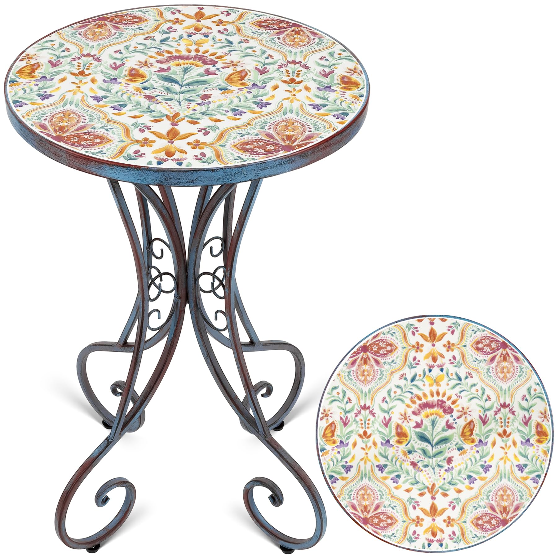 Frstem Mosaic Patio Table and Plant Stand, Outdoor Side Table for Patio with 14" Ceramic Tile Top, Weather Resistant Metal Round End Table Accent Table for Yard Porch Balcony Garden Bedside, Blossom