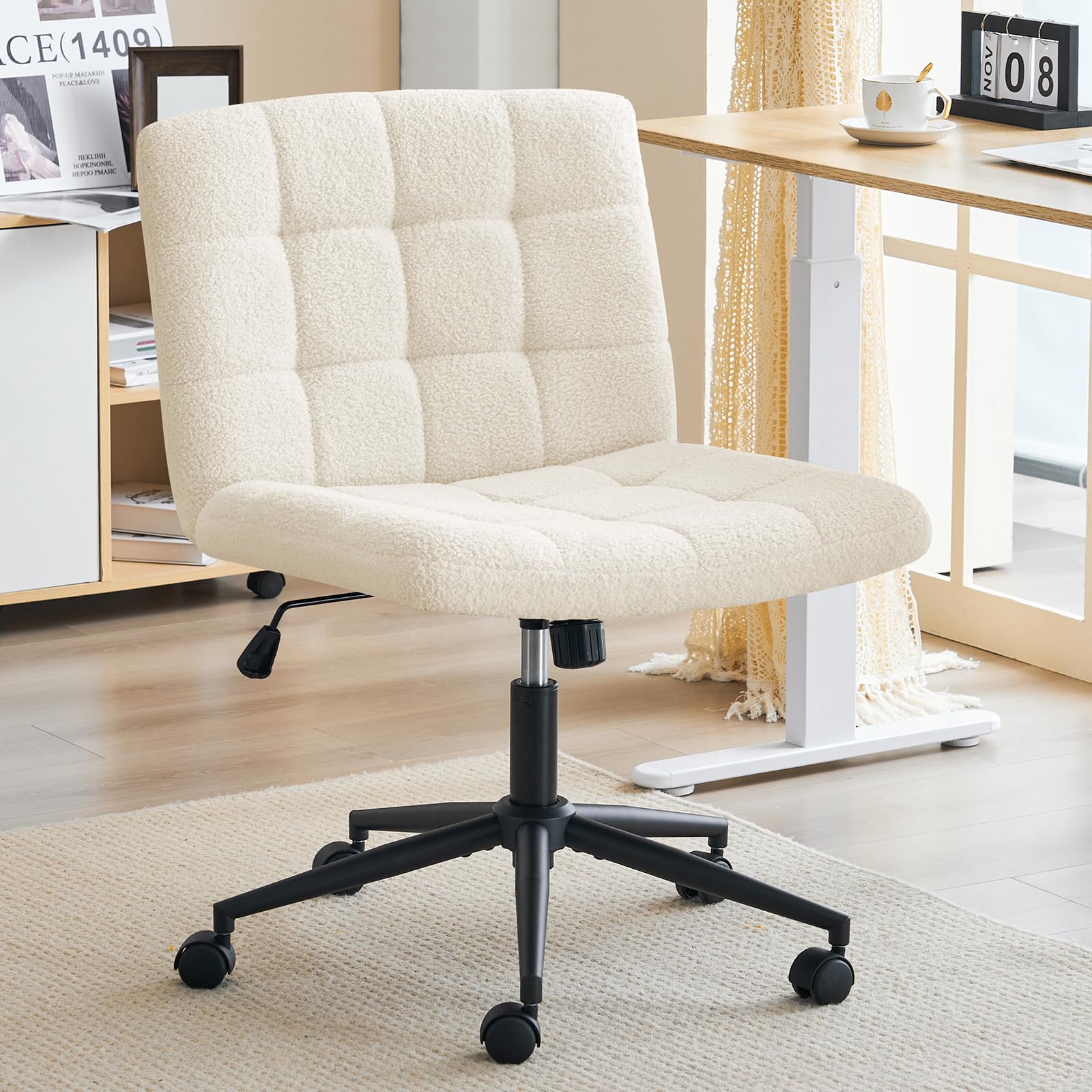 Furnimart Swivel Criss Cross Legged Chair with Wheels for Home Office, Wide Armless Desk Chair Height Adjustable Comfy Seat for Desk,Vanity, Bedroom, Faux Fur White