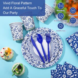 Hushee 225 Pcs Blue and White Flower Disposable Tableware Set for 25 Guests 9 Inch 7 Inch Elegant Floral Paper Plates Cups Straws Napkins Knives Forks Spoons for Bridal Shower Wedding Birthday Party