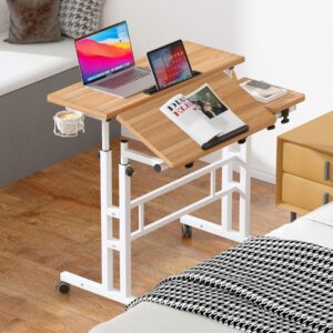 soges Rolling Standing Desk, Height Adjustable Home Office Desk, Mobile Sit-Stand Laptop Desk with Cup Holder and Hook, Portable Desk with Wheels, Oak