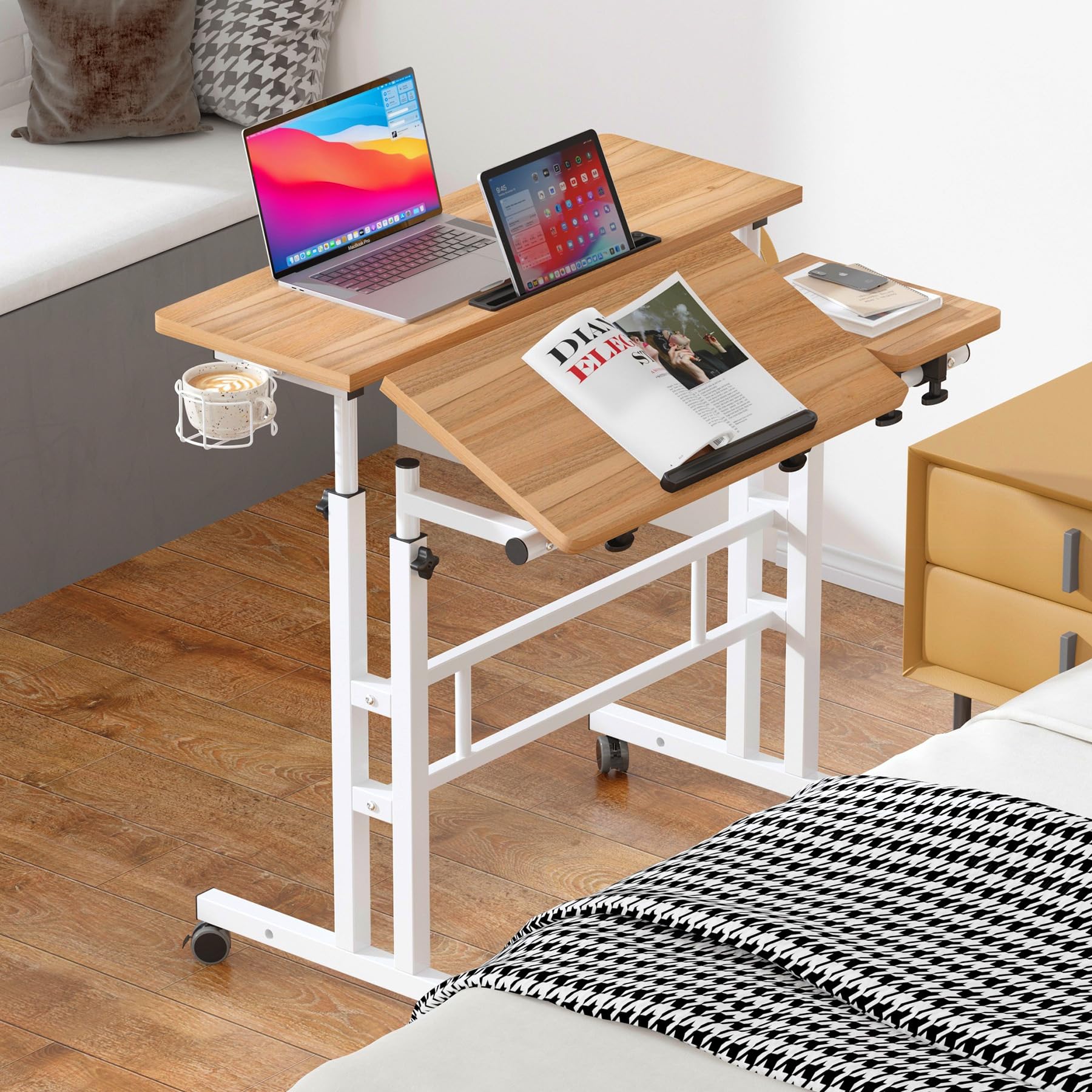 soges Rolling Standing Desk, Height Adjustable Home Office Desk, Mobile Sit-Stand Laptop Desk with Cup Holder and Hook, Portable Desk with Wheels, Oak