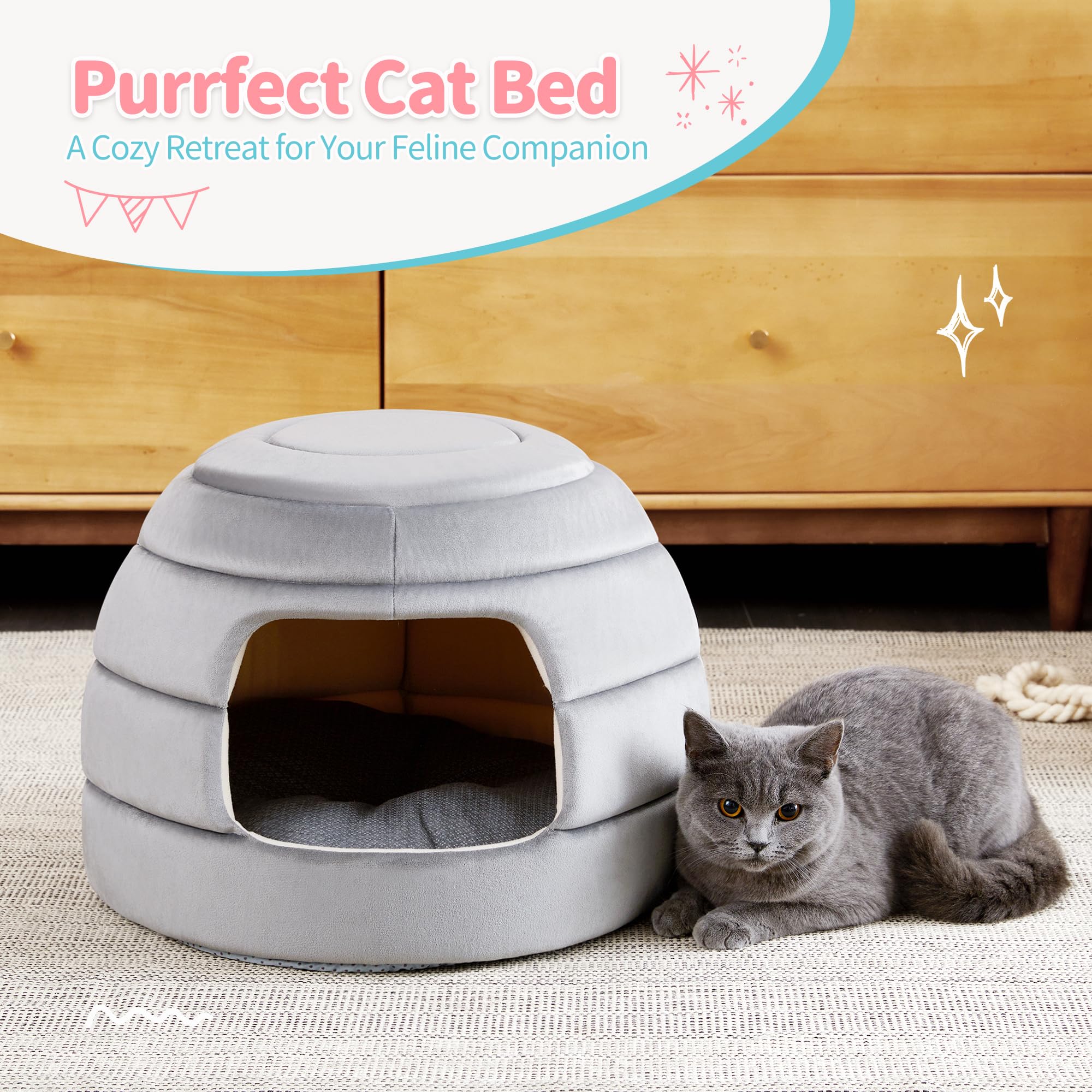 Made4Pets Cat Bed and House, 2-in-1 Foldable Cat Houses for Indoor Cats, Soft Velvet Cat Cave, Removable and Washable Cushion, Cat Condo for All-Season Comfort and Style