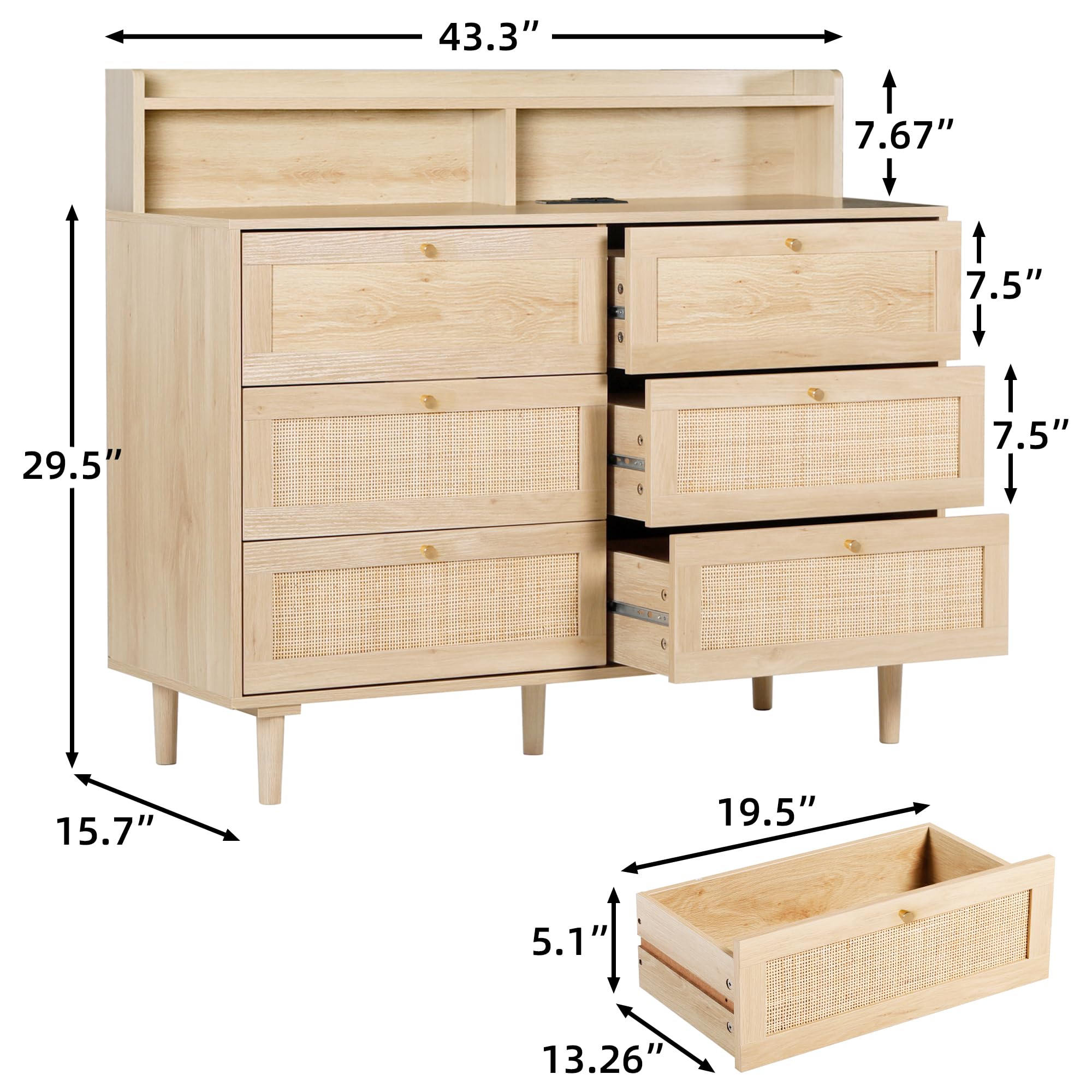 FUQARHY Rattan Dresser for Bedroom with Shelves, Modern 6 Drawer Double Dresser with Charging Station, Wood Chest of Drawers for Bedroom, Living Room, Hallway (Natural)