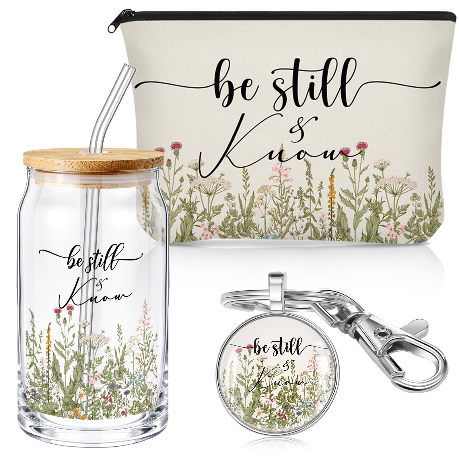 Ziliny 3 Pcs Christian Gifts for Women Be Still and Know Religious Gifts 16 oz Glass Cups with Lid Inspirational Scripture Keychain Bible Verse Cosmetic Bag Gifts for Teacher Student(Flower)