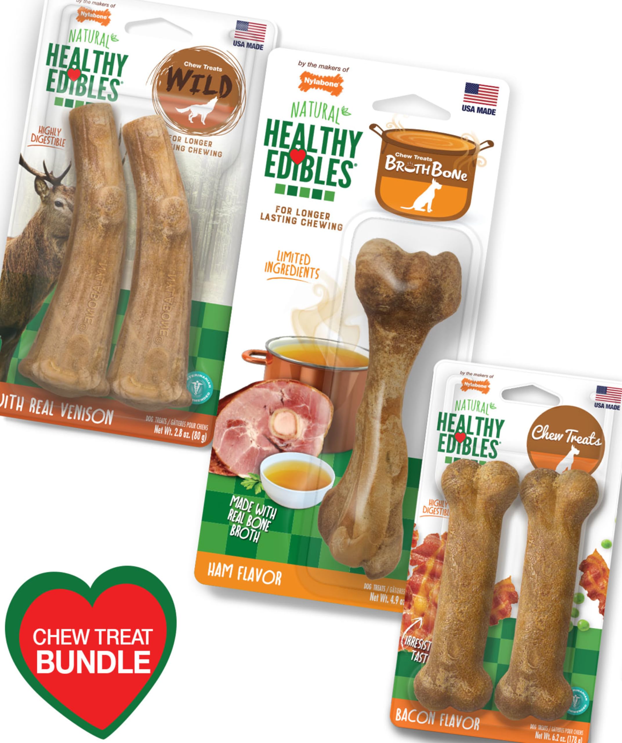 Nylabone Healthy Edibles Natural Dog Chews Long Lasting Ham, Bacon, & Venison Flavor Treats for Dogs, Medium (5 Count)