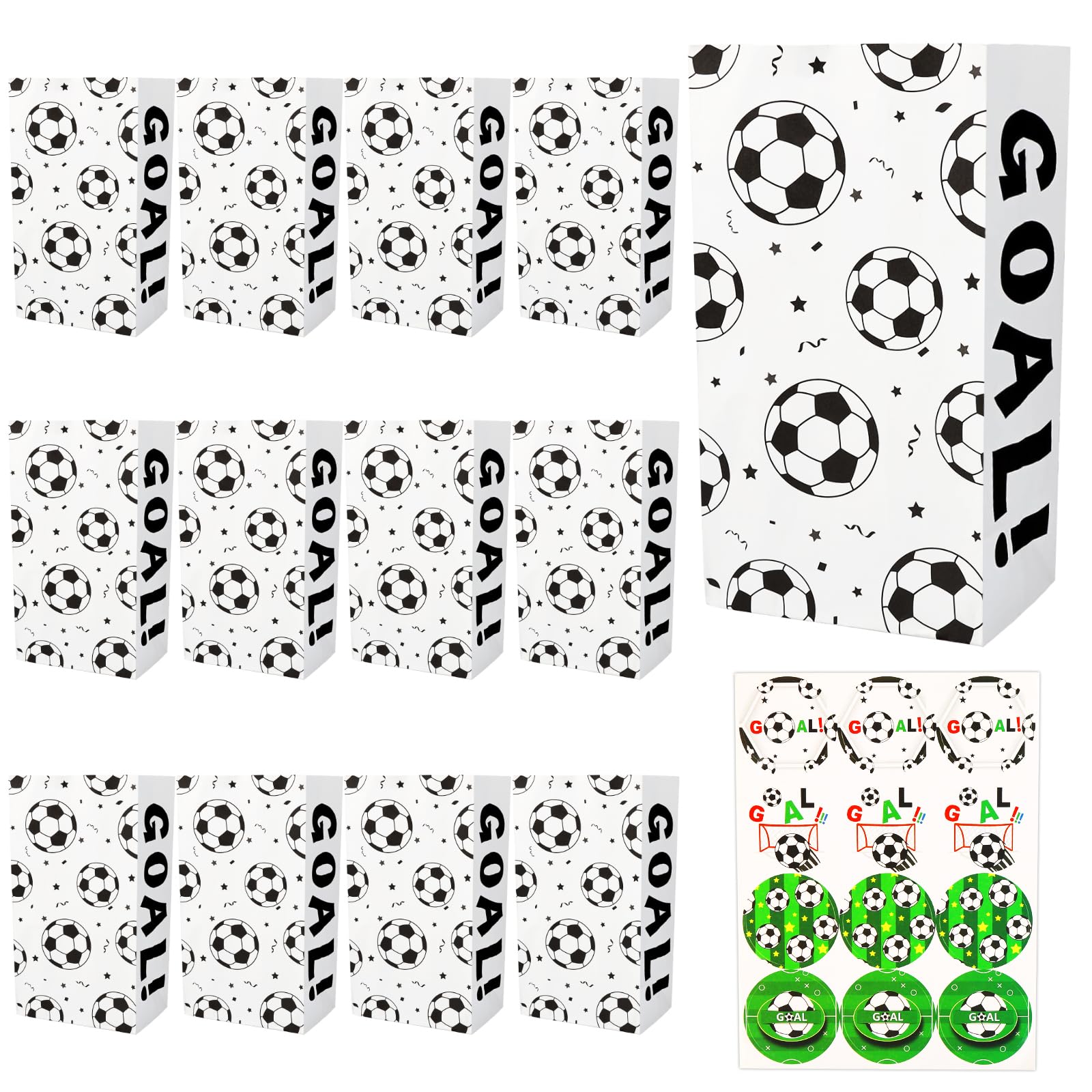 BLMHTWO 12 Pack Soccer Paper Bags Soccer Snack Bags with Stickers, Soccer Bags for Treats Soccer Gift Bags for Kids Party Favors Birthday Party Supplies