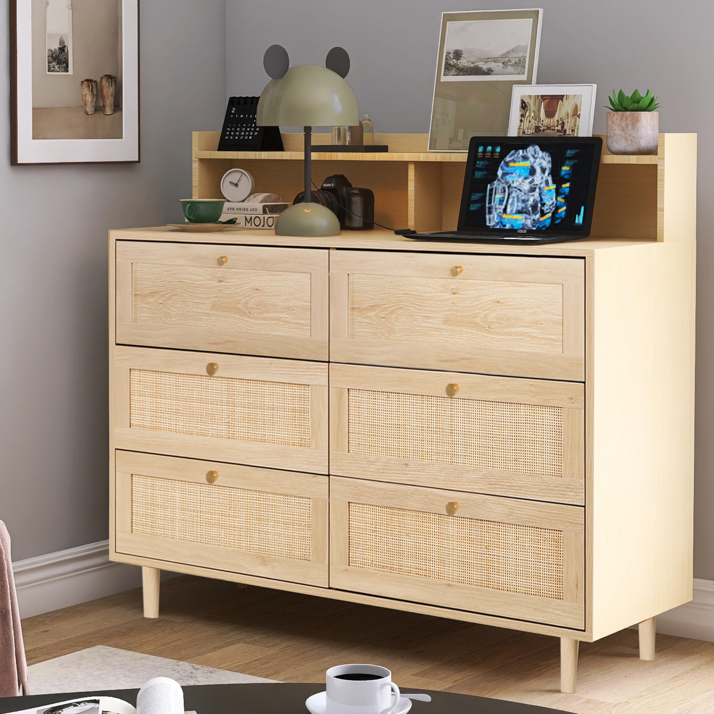 FUQARHY Rattan Dresser for Bedroom with Shelves, Modern 6 Drawer Double Dresser with Charging Station, Wood Chest of Drawers for Bedroom, Living Room, Hallway (Natural)