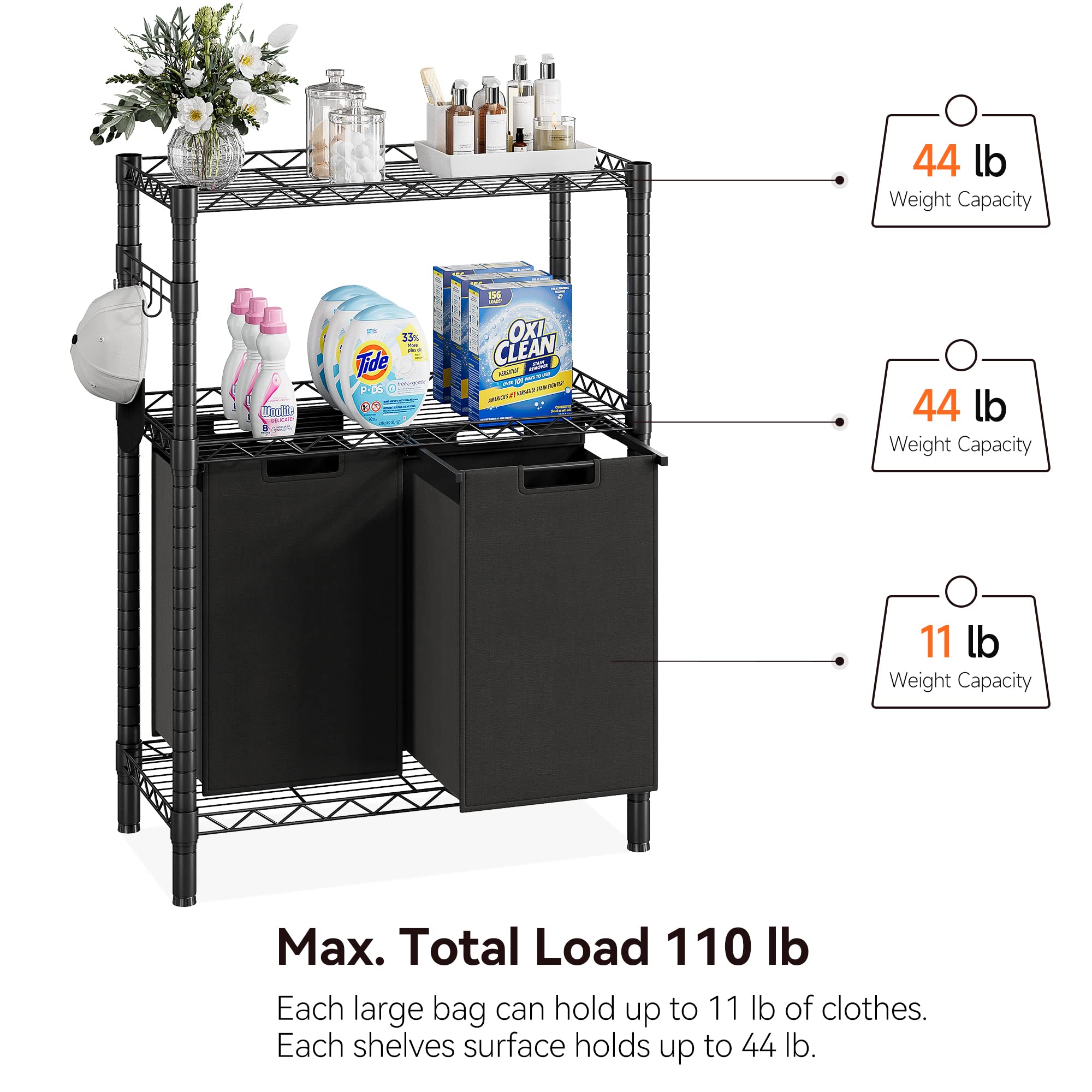 GAOMON Laundry Hamper, Laundry Sorter with 2 Pull-Out & Removable Bag,Laundry Basket Organizer with 2 Tier Adjustable Storage Shelf for Laundry Room,Bathroom,Dorm Organization