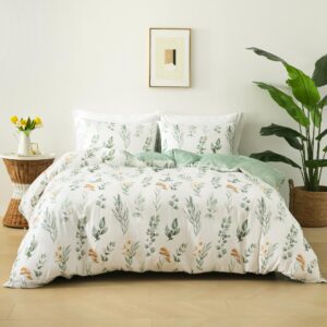 reversible floral duvet cover set queen size with button closure, corner ties,1 queen duvet cover 90"x90"&2 pillowcases 20"x26"