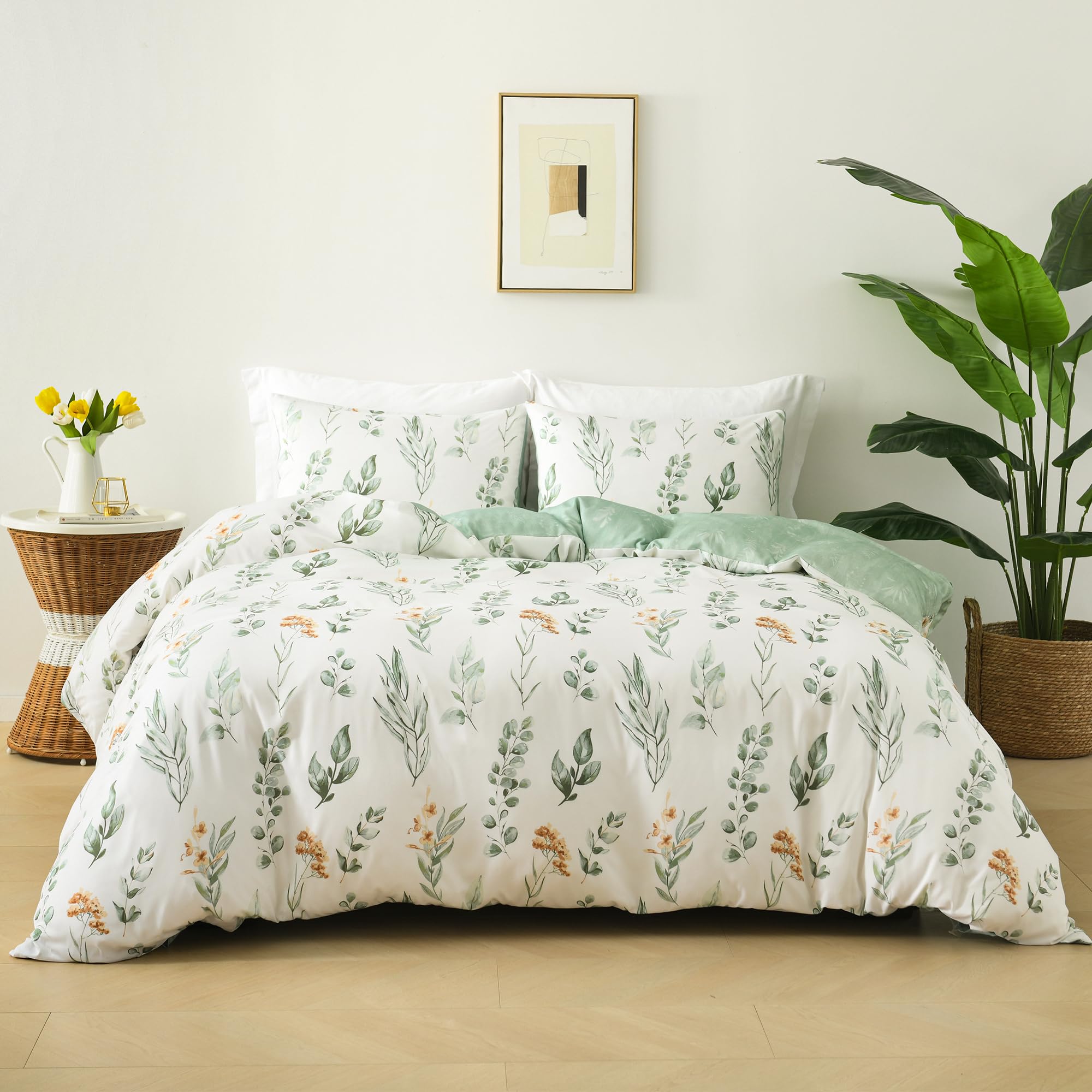 Reversible Floral Duvet Cover Set Queen Size with Button Closure, Corner Ties,1 Queen Duvet Cover 90"x90"&2 Pillowcases 20"x26"