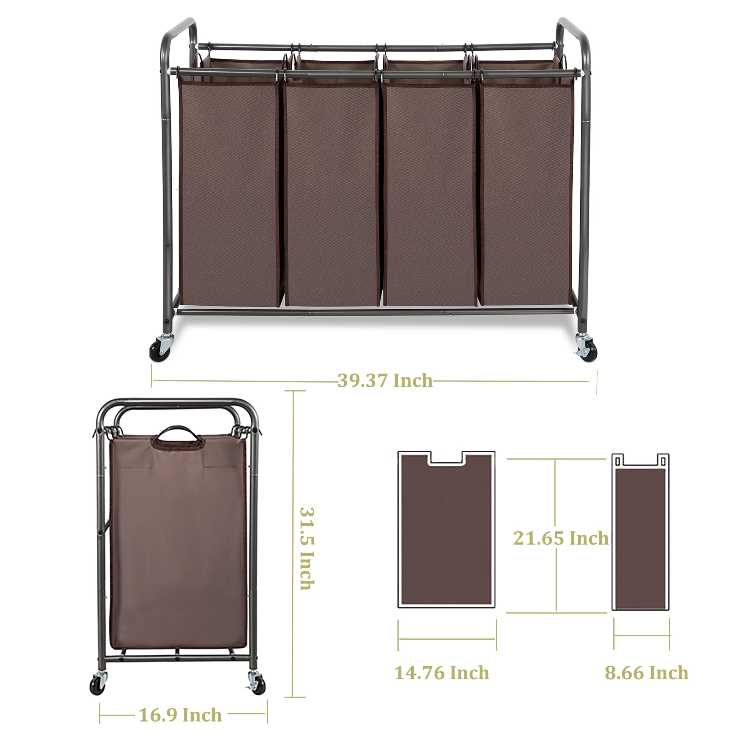 STORAGEIDEAS Laundry Sorter 4 Section, 4-Bag Heavy Duty Rolling Laundry Hamper Cart, Laundry Basket Organizer With Wheels and Removable Bags, Laundry Room Organization For Dirty Clothes Storage, BROWN