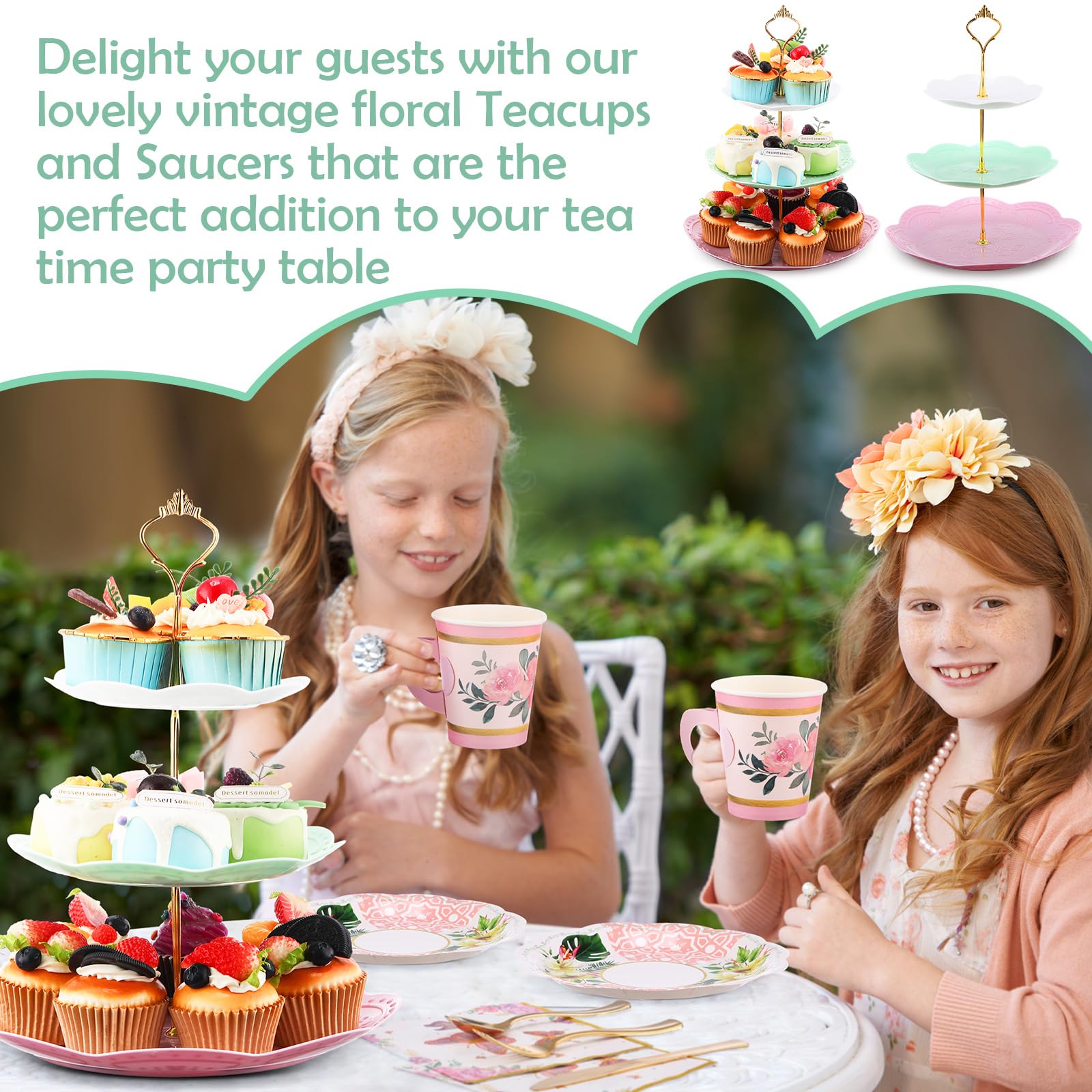 Layhit 83 Pcs Tea Party Decorations Include Disposable 12 Sets 9 Oz Paper Tea Cups with Handle and Saucers Floral Napkins 3 Tire Cake Stand Tea Serving Platter Tableware for Girl's Birthday