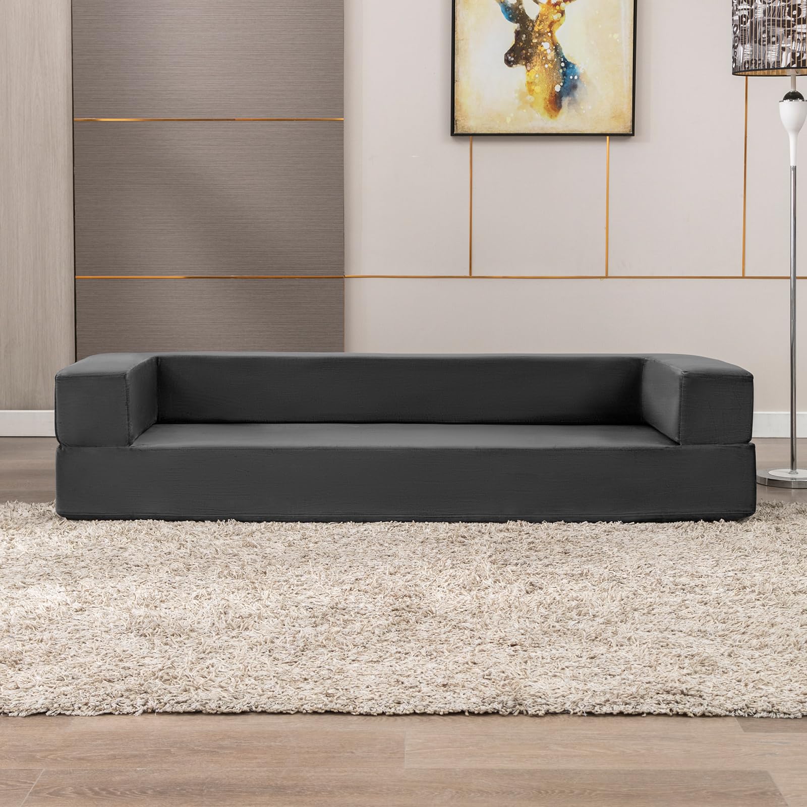 PUREMIND Folding Velvet Sofa Bed with 3 Ottomans, Convertible Floor Sofa, Foldable Sleeper Foam Bed, Comfy Futon Couch with Foam Mattress for Home Apartment Office and Dorm - Dark Gray