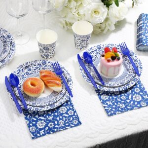 Hushee 225 Pcs Blue and White Flower Disposable Tableware Set for 25 Guests 9 Inch 7 Inch Elegant Floral Paper Plates Cups Straws Napkins Knives Forks Spoons for Bridal Shower Wedding Birthday Party