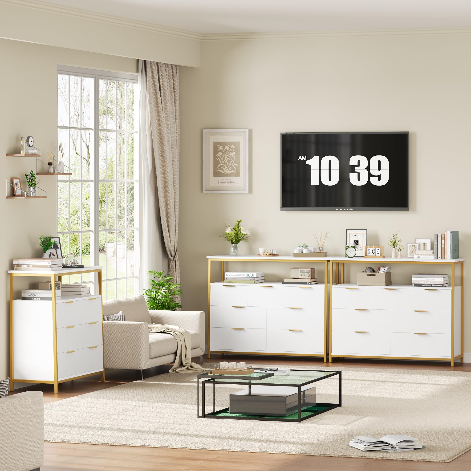 FACBOTALL Modern 7 Drawer Dresser, White Dresser with Metal Handles, White and Gold Dresser, Tall Dresser Chest of Drawers, Large Capacity Chest Storage Organizer for Living Room, Entryway, White.