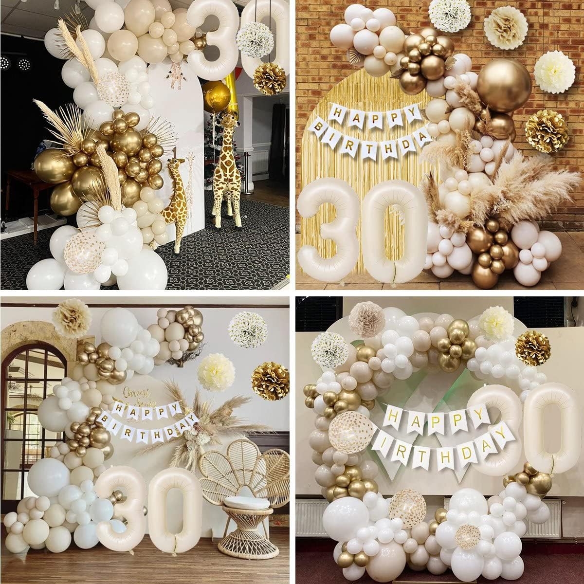 30th Birthday Decorations for Her, Gold Happy 30th Birthday Decorations White and Gold Balloons Happy Birthday Banner Tablecloth Fringe Curtain Cake Topper Paper Pom Poms Talk Thirty to Me Birthday