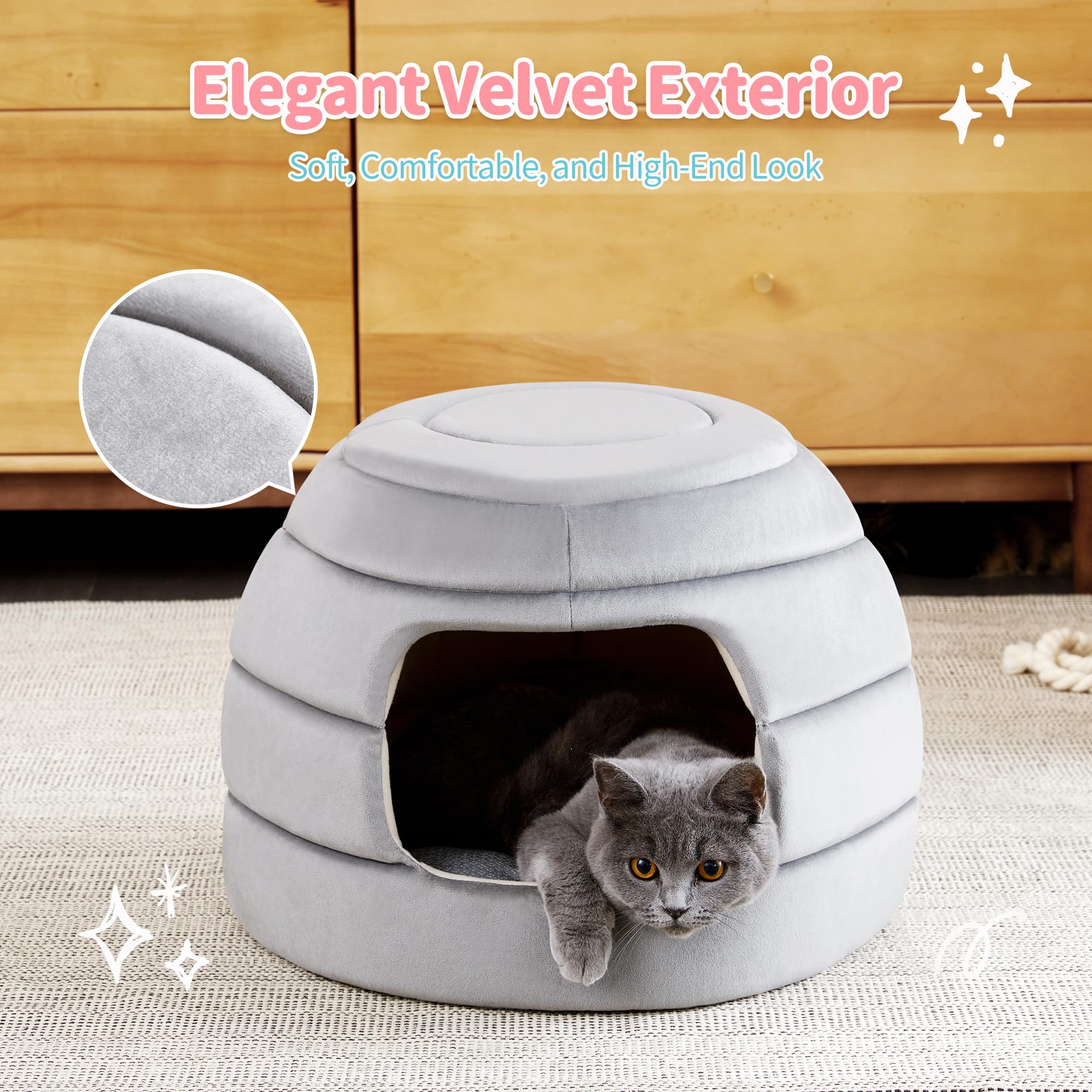 Made4Pets Cat Bed and House, 2-in-1 Foldable Cat Houses for Indoor Cats, Soft Velvet Cat Cave, Removable and Washable Cushion, Cat Condo for All-Season Comfort and Style