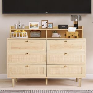 FUQARHY Rattan Dresser for Bedroom with Shelves, Modern 6 Drawer Double Dresser with Charging Station, Wood Chest of Drawers for Bedroom, Living Room, Hallway (Natural)