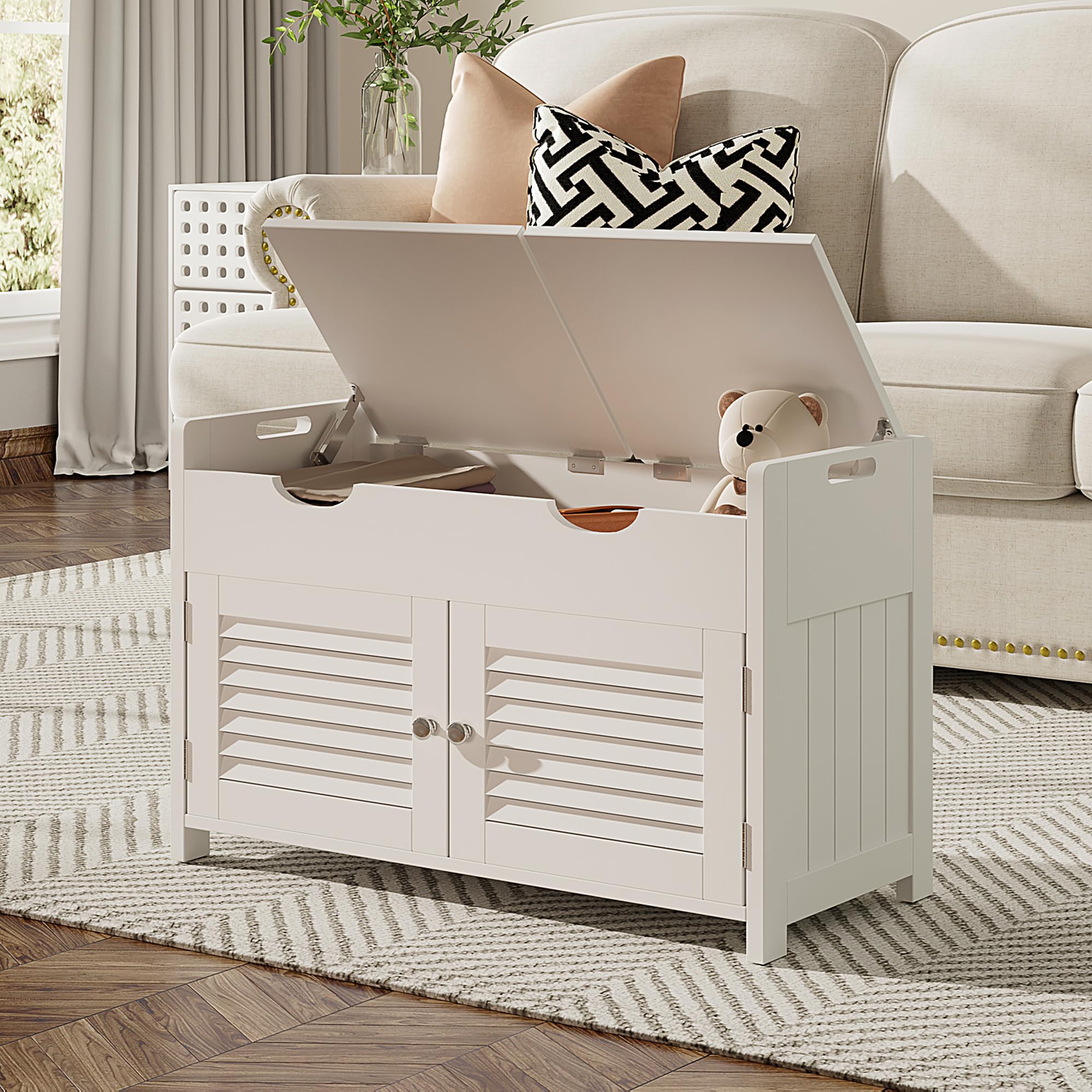 ChooChoo Shoe Storage Bench with Lift Top Storage, Entryway Bench with 2 Cushioned Seats, 3 Compartments, Adjustable Shelf, Shoe Cabinet with Hidden Storage for Entryway, Bedroom, Living Room, White