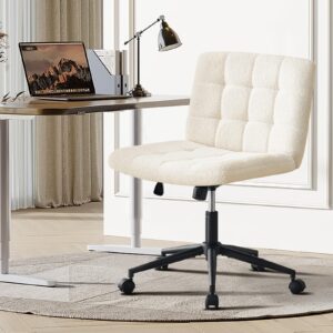 Furnimart Swivel Criss Cross Legged Chair with Wheels for Home Office, Wide Armless Desk Chair Height Adjustable Comfy Seat for Desk,Vanity, Bedroom, Faux Fur White