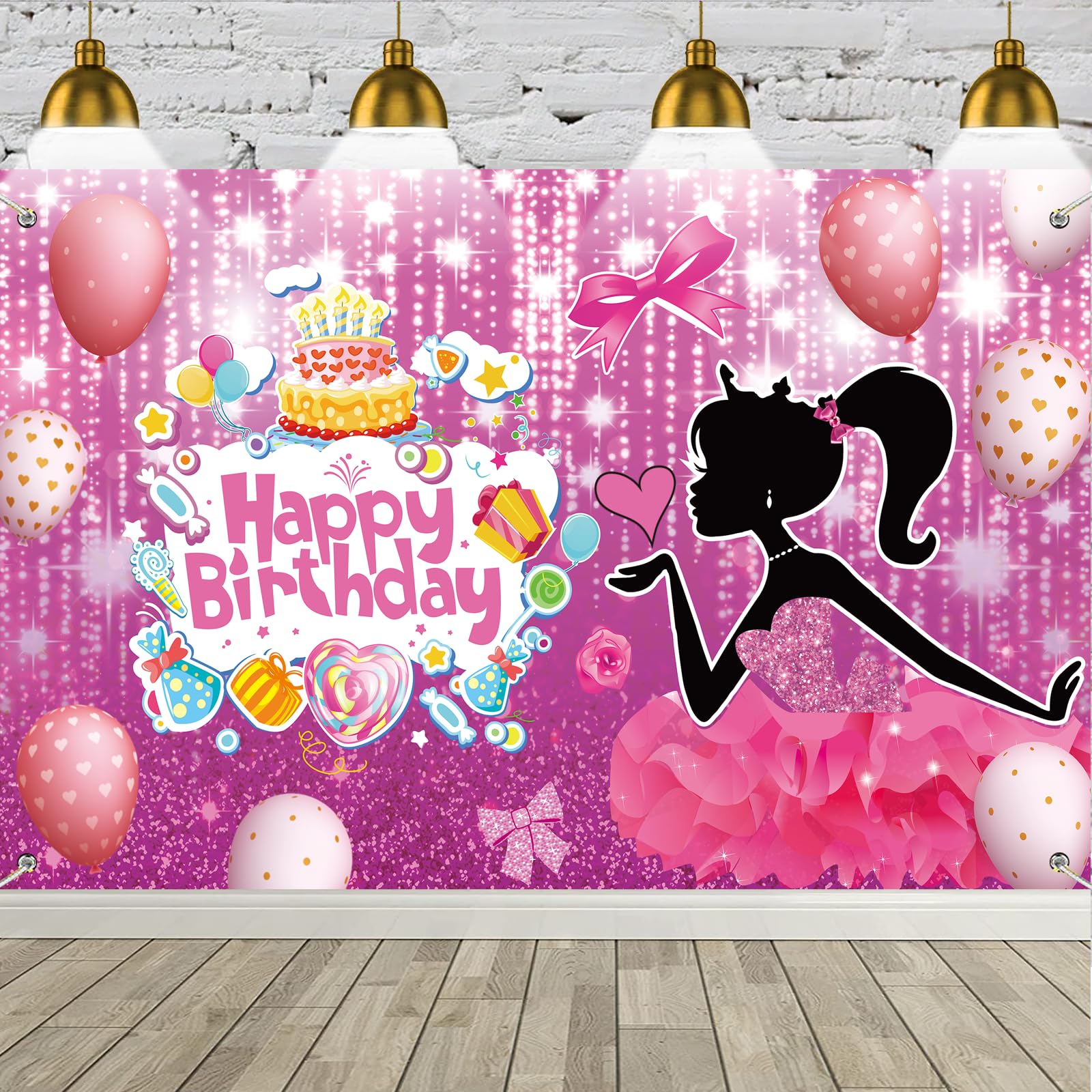 Princess Birthday Party Backdrop Photography Background Pink Party Banner for Girl Birthday Party Baby Shower Cake Table Decorations Happy Birthday Banner,71x45 inch