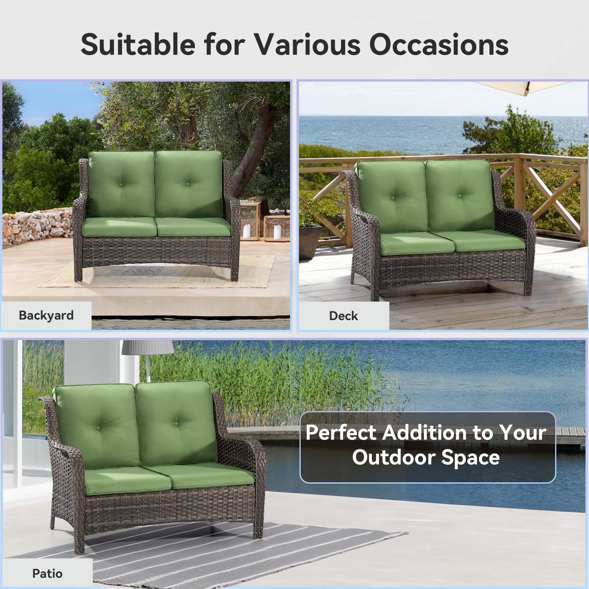 MeetLeisure Outdoor Patio Wicker Loveseat Sofa - 2-Seater Rattan Sofa for Outside Patio Garden with Deep Seating and Olefin Cushions(Mixed Grey/Green)