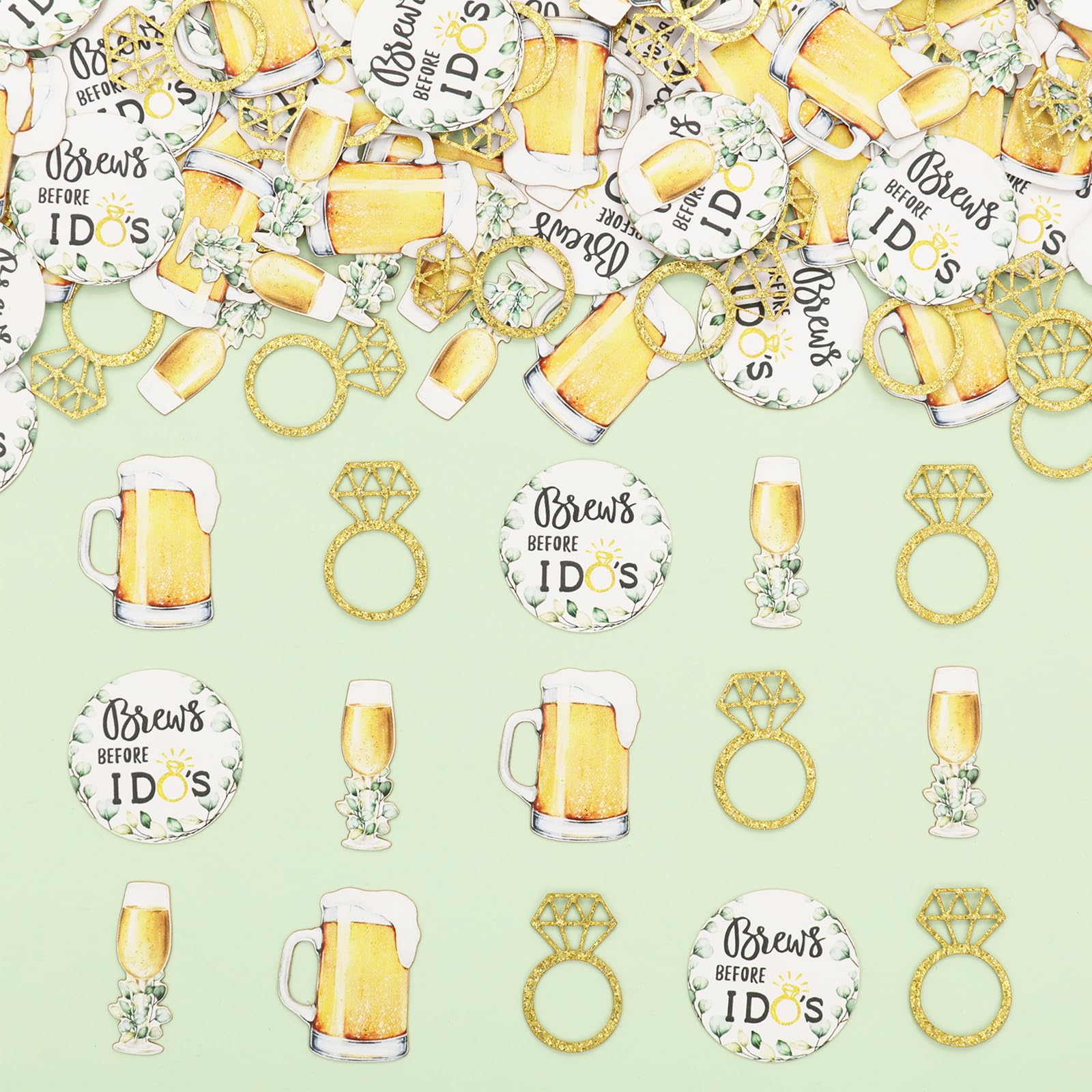 200 Pieces Brews Before I Dos Confetti, Bubbles and Brews Bridal Shower Decorations with Gold Glitter Diamond Ring Confetti, Bubbly Bachelorette Engagement Party Supplies