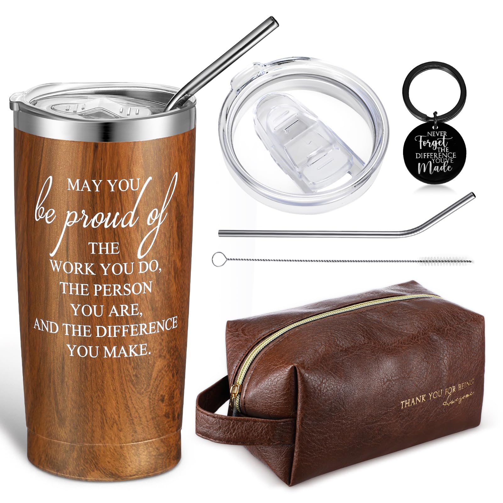 Roshtia Set of 3 Thank You Gift for Men Dad 20oz Stainless Steel Tumbler with Lid Straw Leather Toiletry Bag Inspirational Keychain Team Christmas Gift for Employee Teacher Staff(Wood Grain)