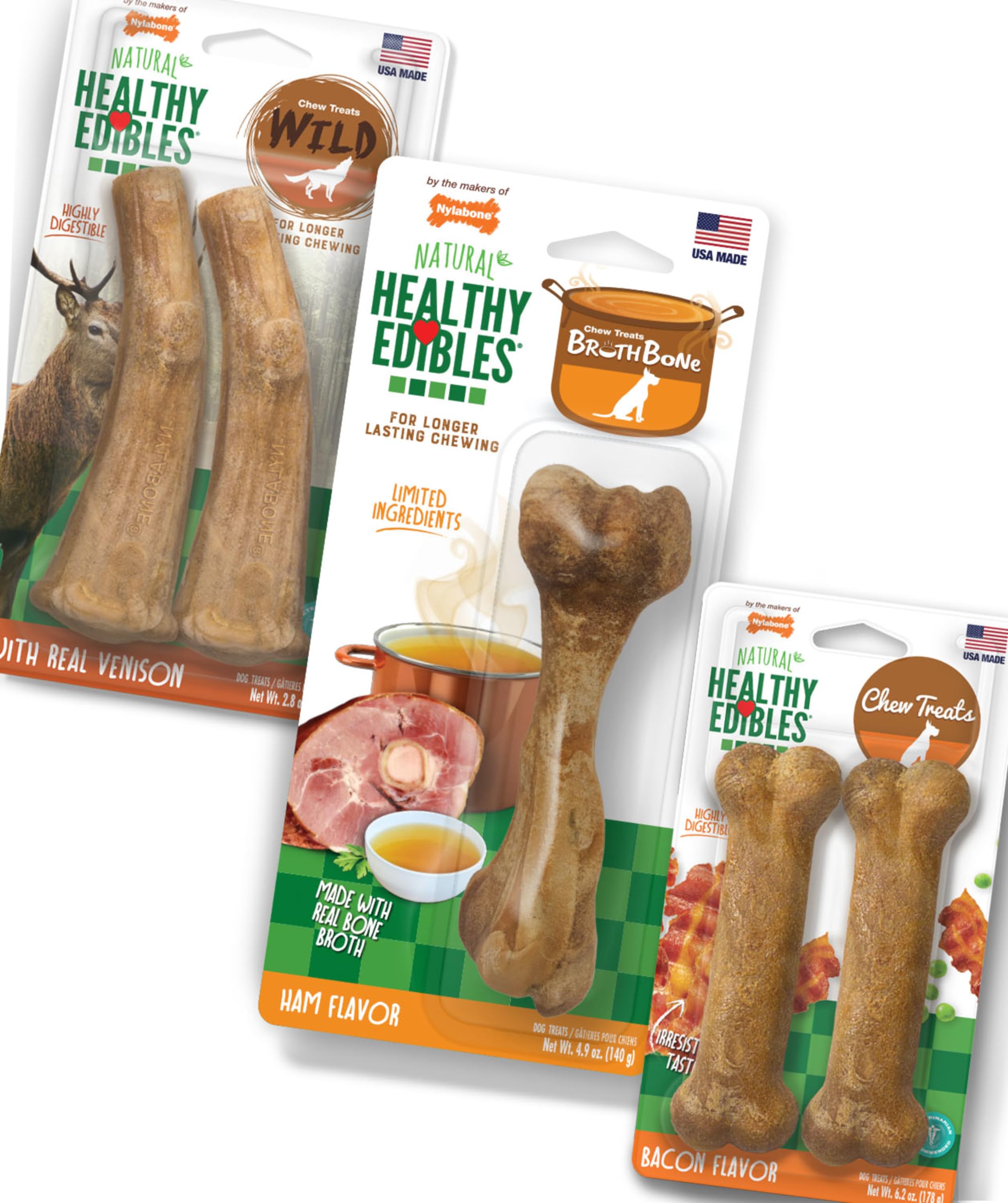 Nylabone Healthy Edibles Natural Dog Chews Long Lasting Ham, Bacon, & Venison Flavor Treats for Dogs, Medium (5 Count)