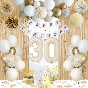 30th birthday decorations for her, gold happy 30th birthday decorations white and gold balloons happy birthday banner tablecloth fringe curtain cake topper paper pom poms talk thirty to me birthday