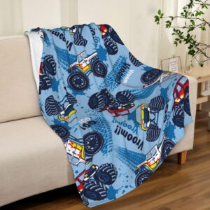 Monster Cartoon Pattern Trucks Car Throw Blanket Soft Bed Bedding Warm Cozy Plush Flannel Fleece Blankets Gifts for Kids Boys Teens Men, Sofa Couch Bedroom Home Decor, 60"x50"