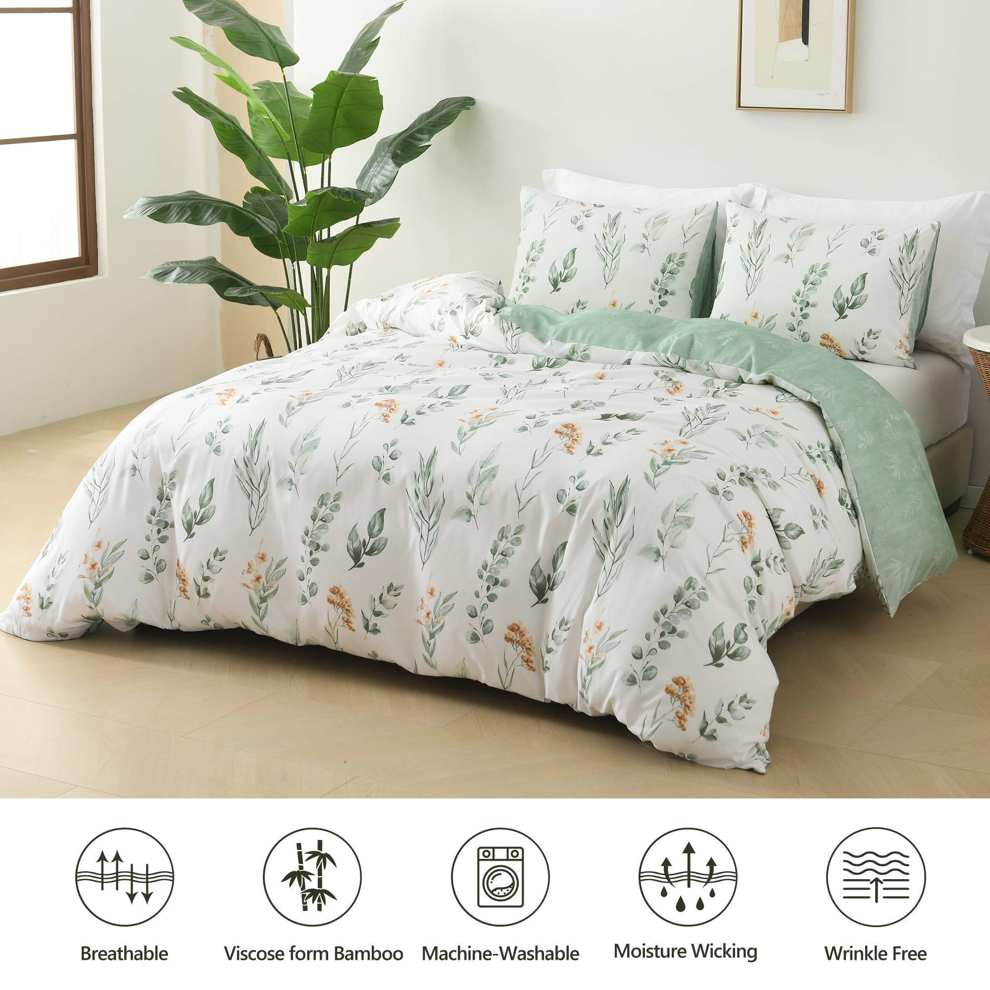 Reversible Floral Duvet Cover Set Queen Size with Button Closure, Corner Ties,1 Queen Duvet Cover 90"x90"&2 Pillowcases 20"x26"