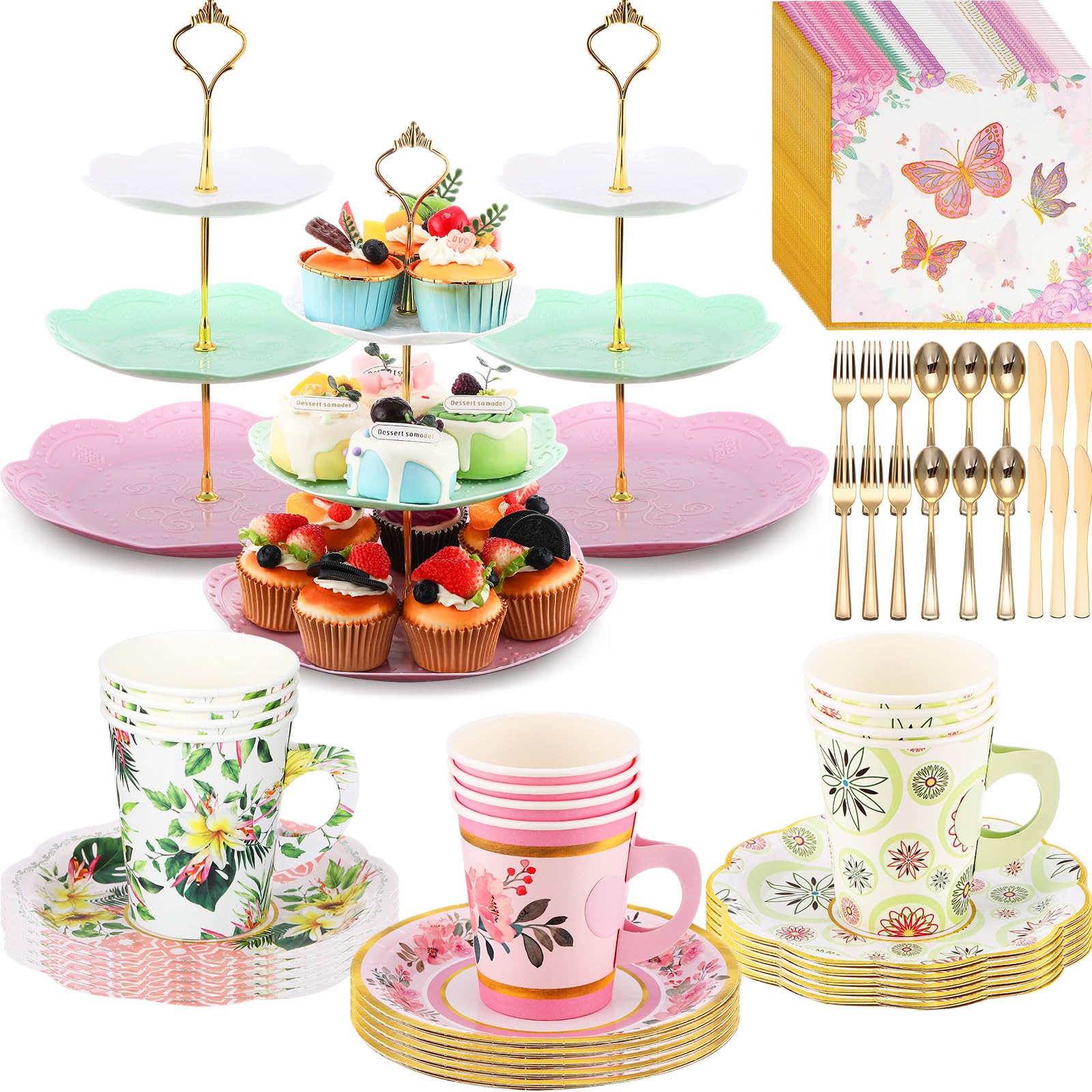 Layhit 83 Pcs Tea Party Decorations Include Disposable 12 Sets 9 Oz Paper Tea Cups with Handle and Saucers Floral Napkins 3 Tire Cake Stand Tea Serving Platter Tableware for Girl's Birthday