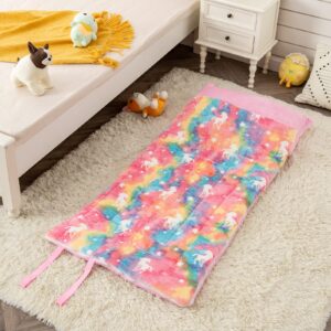 Sleeping Bag for Kids with Pillow Pocket, Toddler Nap Mat 63" x 30" Slumber Bag Glow in The Dark Blanket Fluffy with Padded Mat for Boys, Girls, Daycare, Preschool, Sleepover,Unicorn